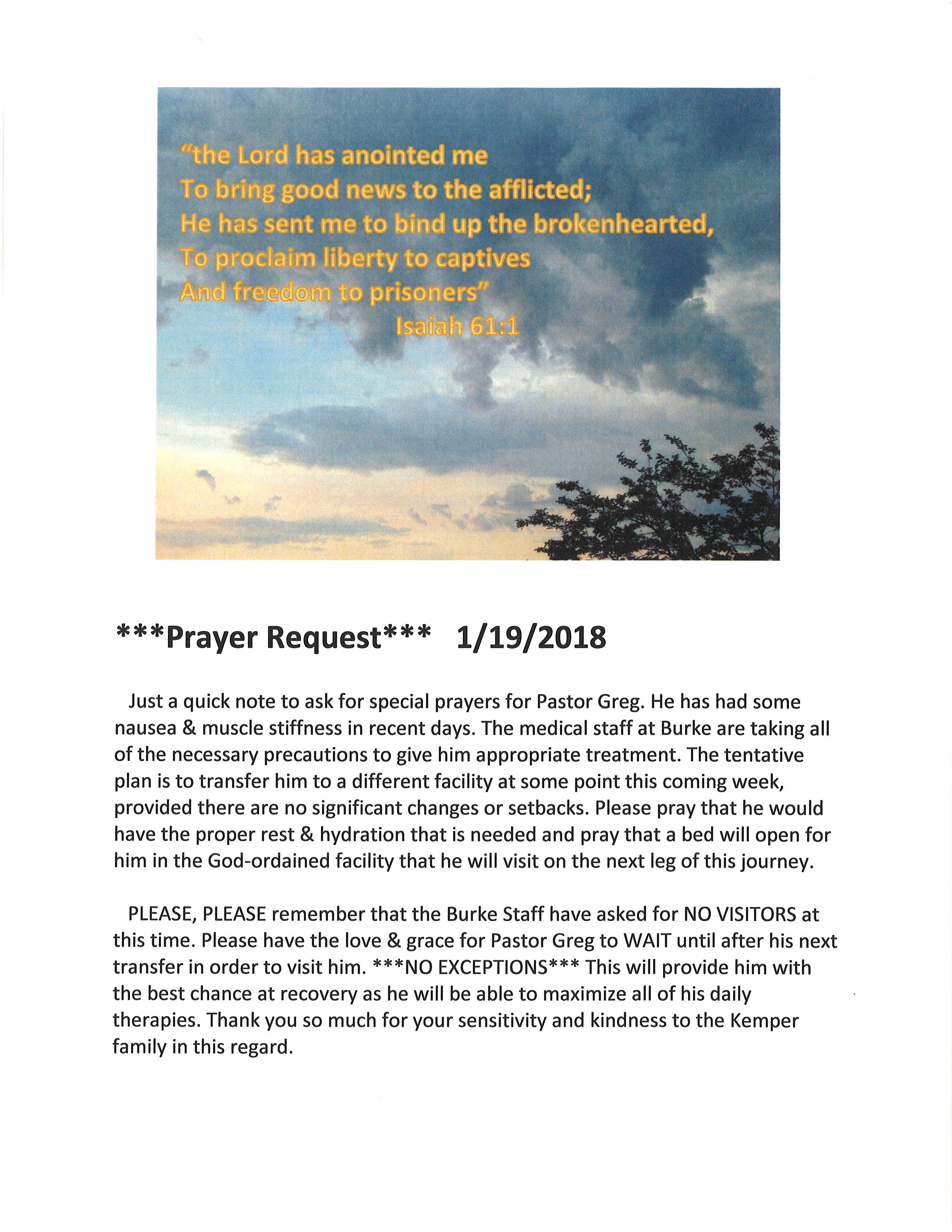 Pastor Greg Update, Jan 19, 2018