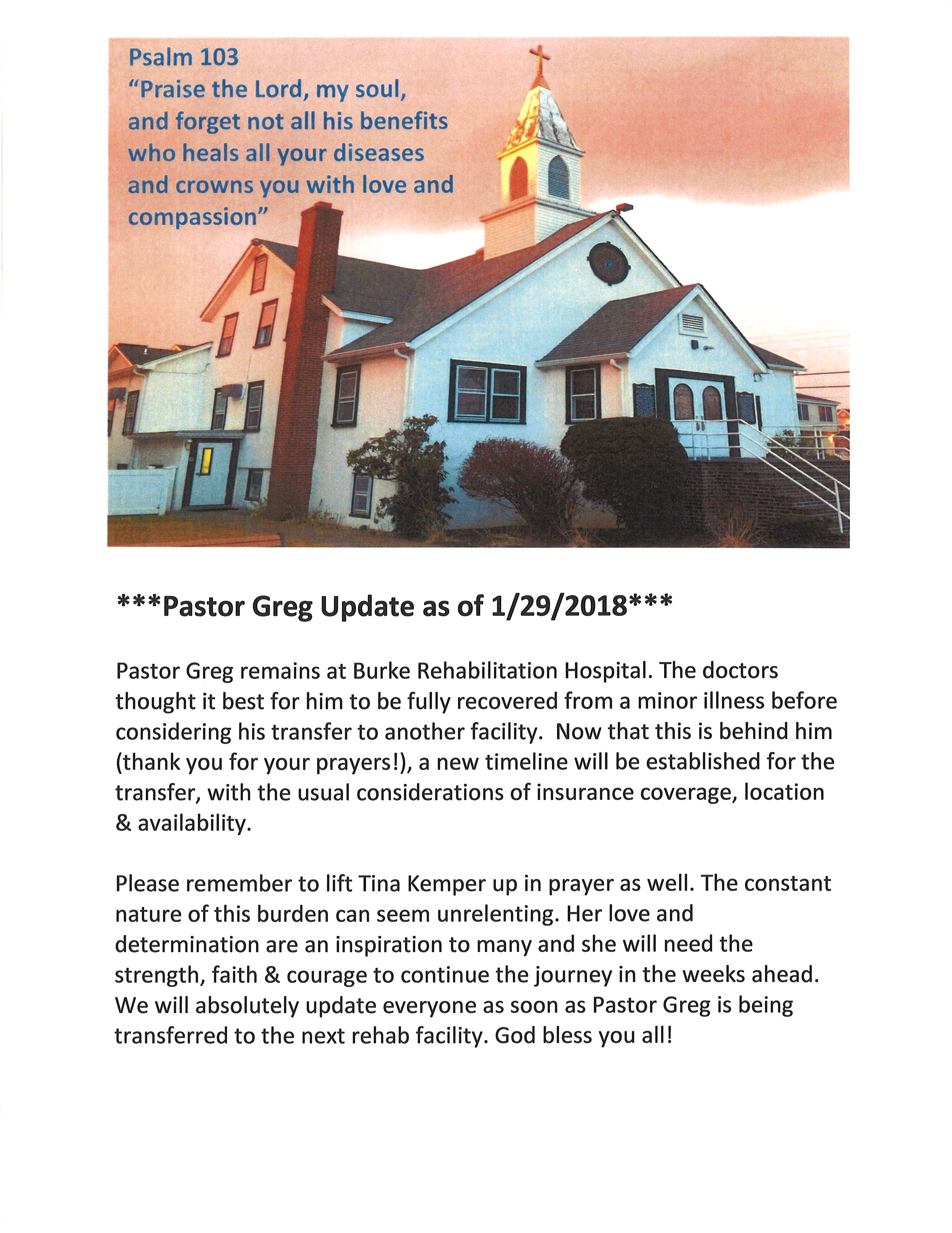 Pastor Greg's Update as of Jan 29, 2018